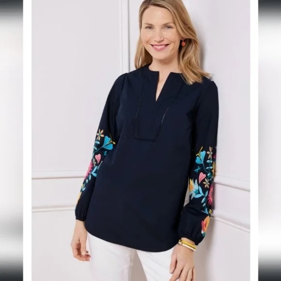 Talbots Embroidered Sleeve Poplin Top - Navy, Size‎ Medium - Picture 1 of 10